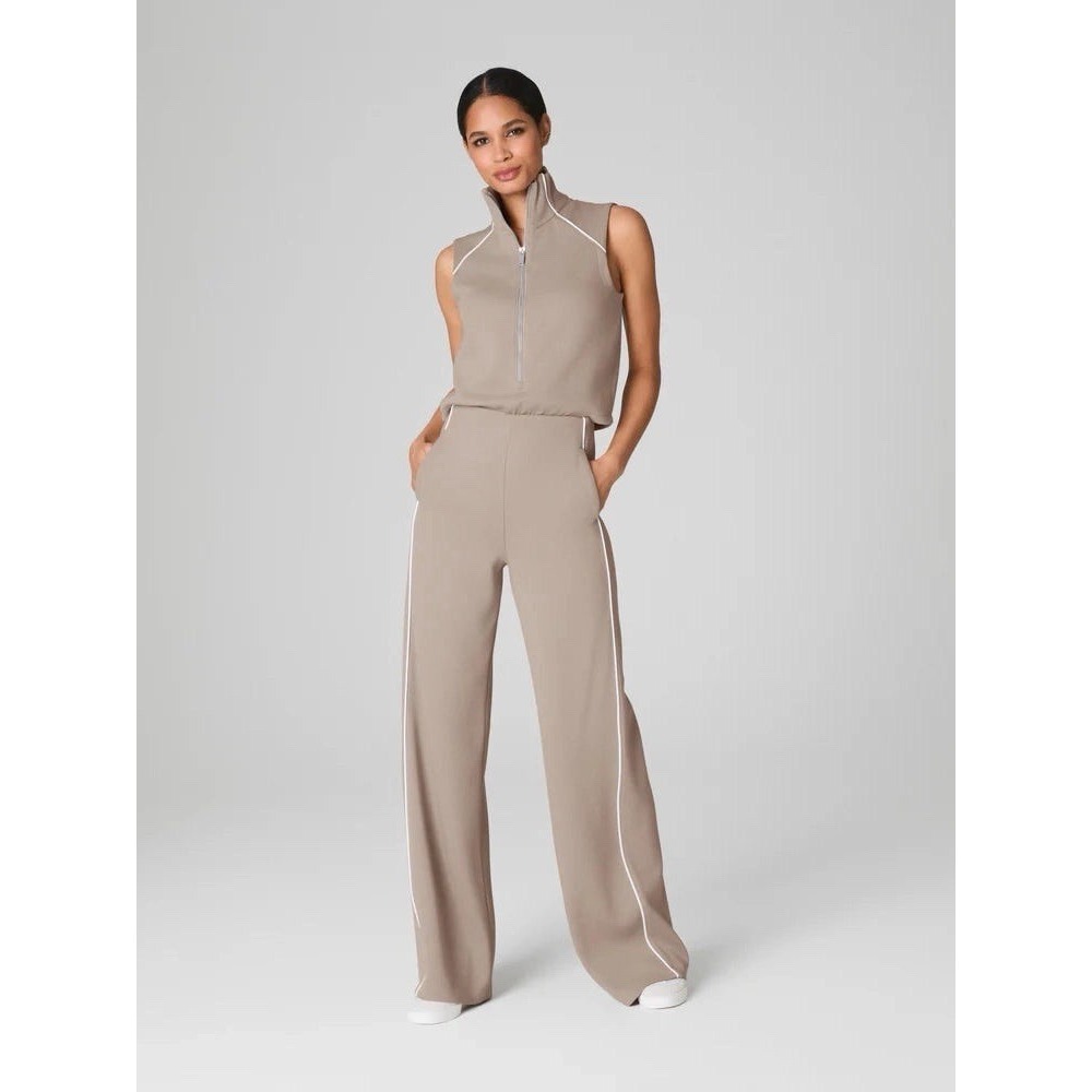 Spanx Air Essentials Pique Sleeveless Mockeck Jumpsuit Wide Leg Tan Size Medium - Picture 1 of 13